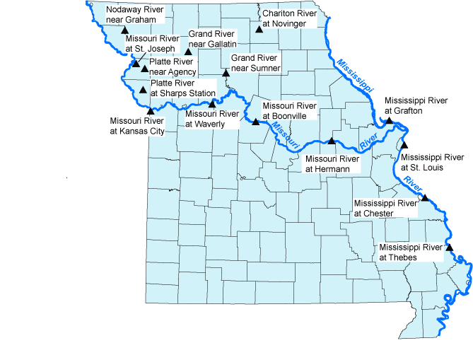Map of USGS streamgaging stations affected on the Missouri and Mississippi Rivers during the 1993 Flood